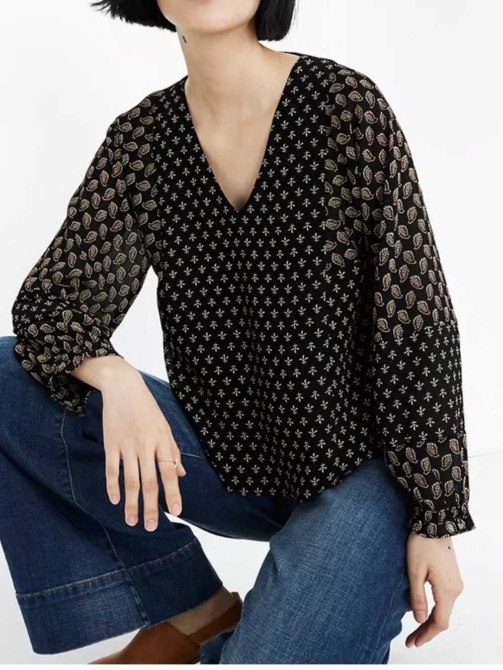 Madewell black and tan, sheer-sleeve top with brushstroke paisley pattern